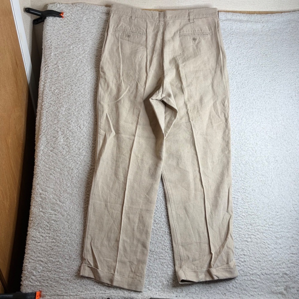 Eddie Bauer Men 38x32 (36x31) Beige 100% Linen Pleated Trousers Pants loose flow